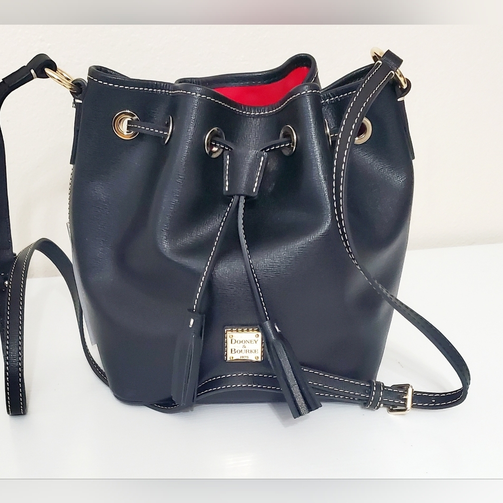 New Dooney & Bourke Black Saffiano Leather Drawstring Bucket Bag
